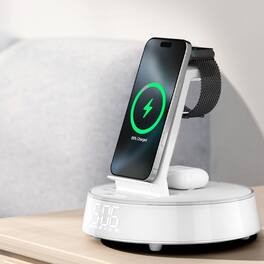 Dazzed Corner - Alarm Clock with Wireless Charging Station, Dimmable Night Light & Bluetooth Speaker - White