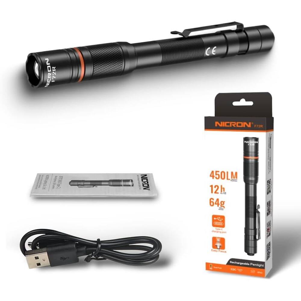 NICRON F72R CE  
NICRON F72R  
NICRON 1A  
NICRON 450LM  
12h  
64g  
Rechargeable Penlight  
EbC