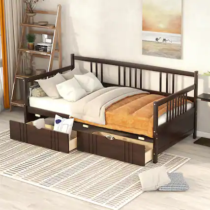 Front. Whisen - Wood Daybed with Two Storage Drawers, Multi-Functional Sofa Bed Frame - Espresso.