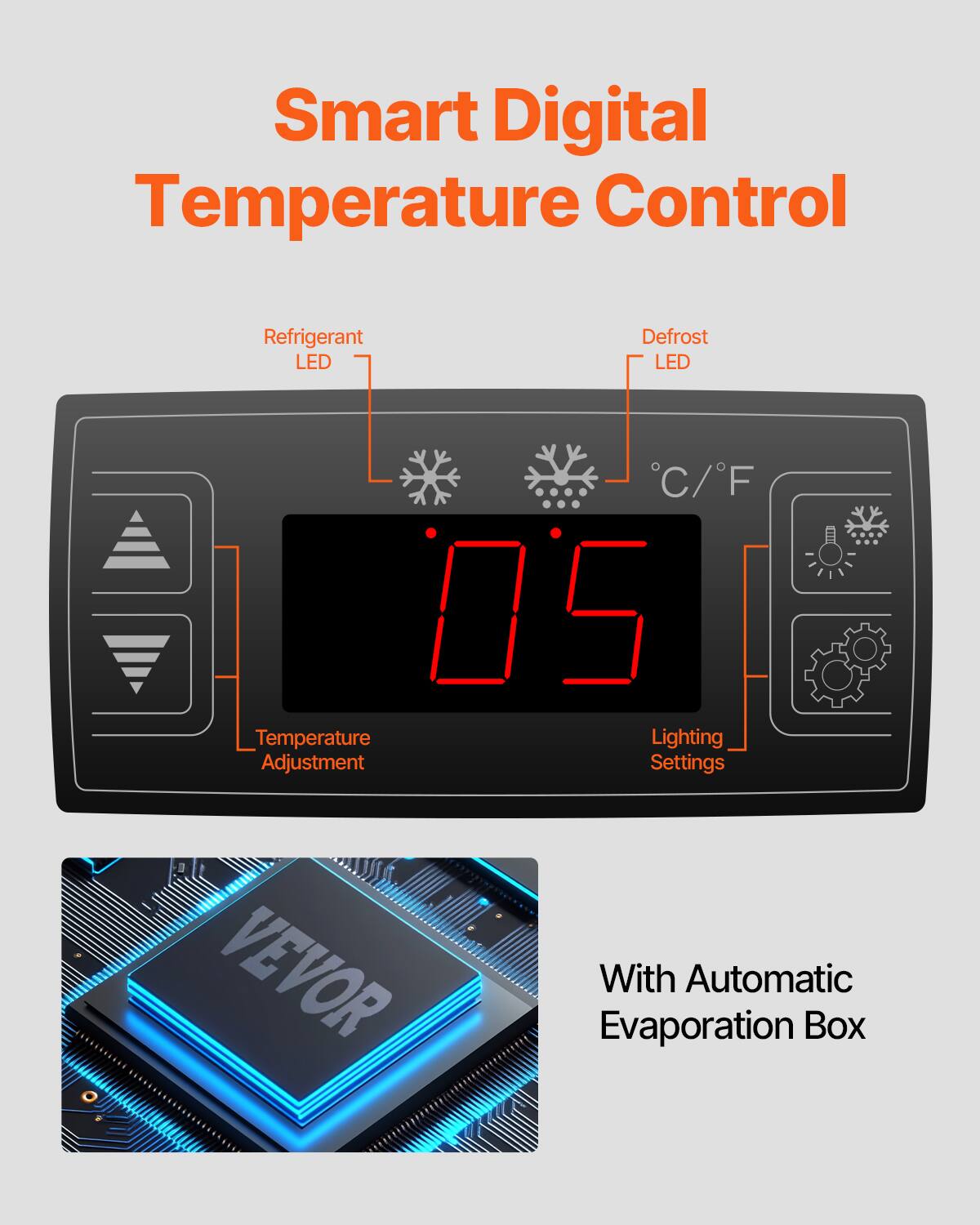 Smart Digital Temperature Control

Refrigerant LED
Defrost LED
C/F Temperature Lighting Adjustment Settings

VEVOR

With Automatic Evaporation Box