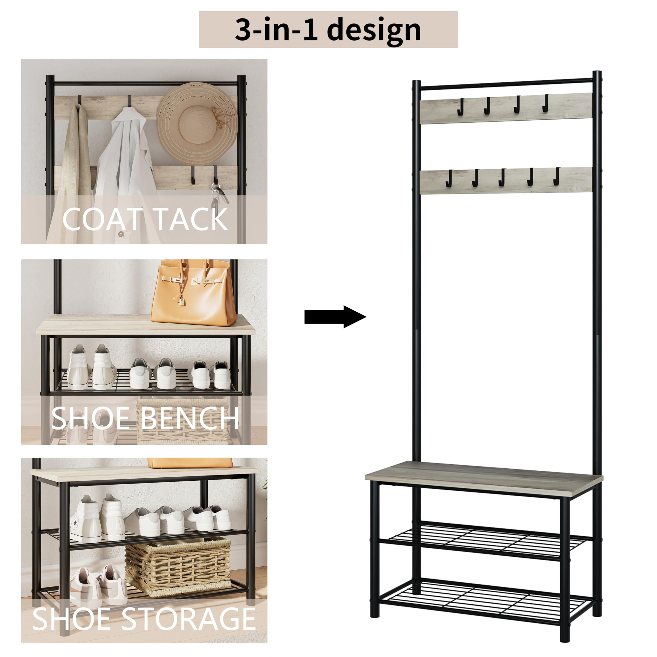 3-in-1 design

COAT TACK

SHOE BENCH

SHOE STORAGE