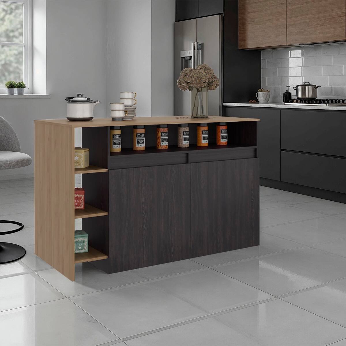 Loheer 55 Inch Kitchen Island with Storage Cabinet and Open Shelves ...