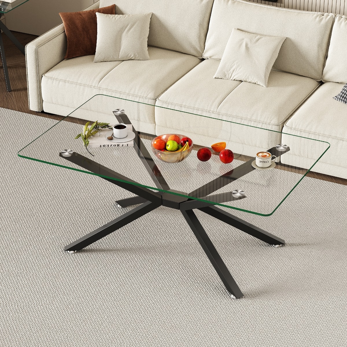 Loheer - Rectangular Tempered Glass Coffee Table with Black Metal Legs for Living Room - Transparent