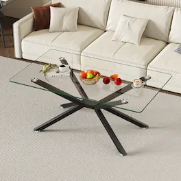 Loheer - Rectangular Tempered Glass Coffee Table with Black Metal Legs for Living Room - Transparent