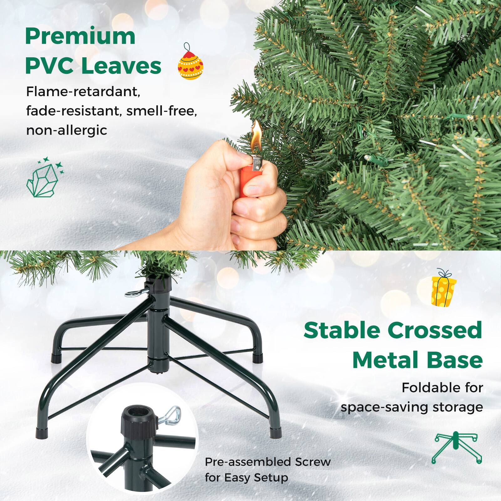 Premium PVC Leaves  
Flame-retardant, fade-resistant, smell-free, non-allergic  

Stable Crossed Metal Base  
Foldable for space-saving storage  

Pre-assembled Screw for Easy Setup