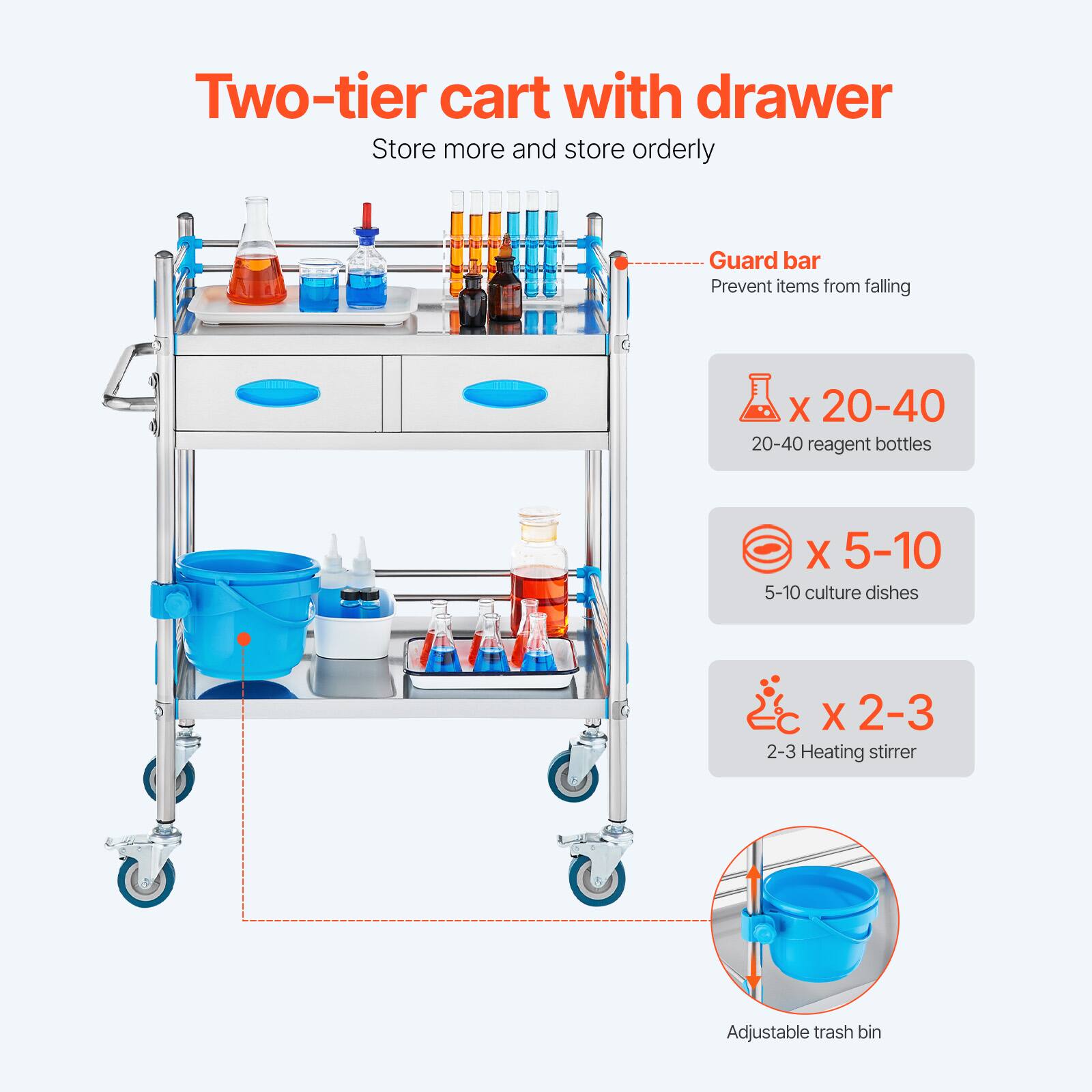 Two-tier cart with drawer
Store more and store orderly
Guard bar
Prevent items from falling
X 20-40
20-40 reagent bottles
X 5-10
5-10 culture dishes
X 2-3
2-3 Heating stirrer
Adjustable trash bin