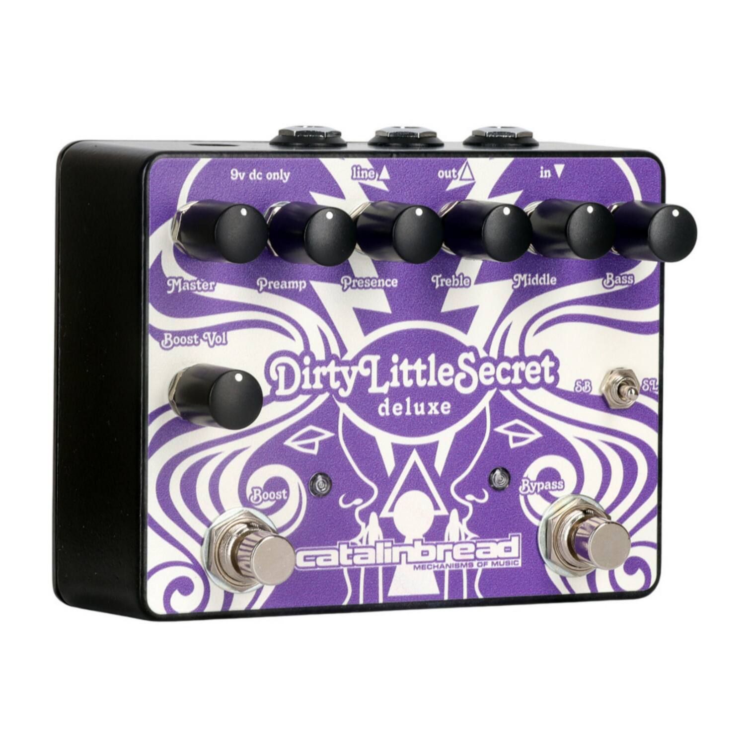 Dirty Little Secret deluxe  
9v dc only  
line out  
Master  
Preamp  
Presence  
Treble  
Middle  
Bass  
Boost Vol  
Boost  
Bypass  
catalinbread  
MECHANISMS OF MUSIC
