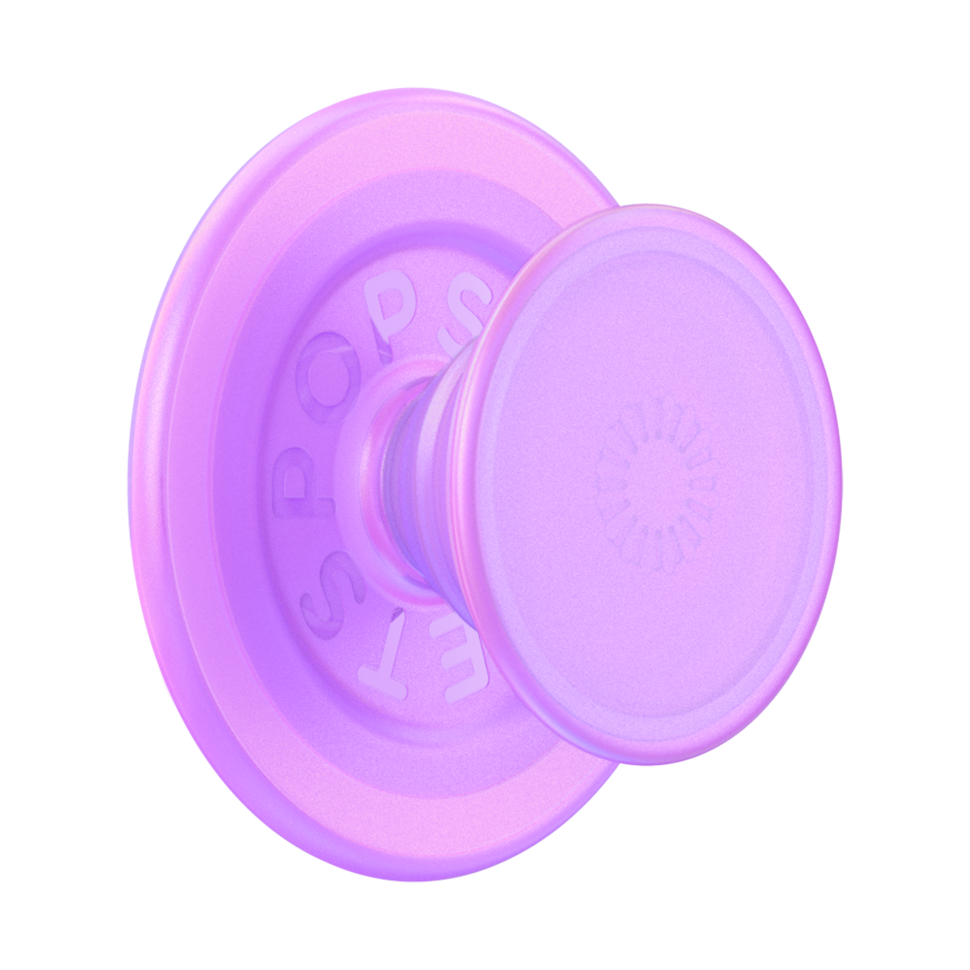 Angle. PopSockets - MagSafe PopGrip Universal Magnetic Grip & Stand with Adapter Ring for Cell Phones - Pink Opalescent Translucent.
