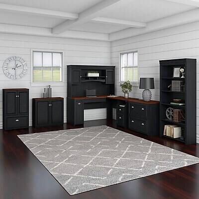Alt View 4. Bush Furniture - 60"W L Shaped Desk with Drawers and Storage Cabinet(WC53930-03K) - Antique Black/Hansen Cherry.