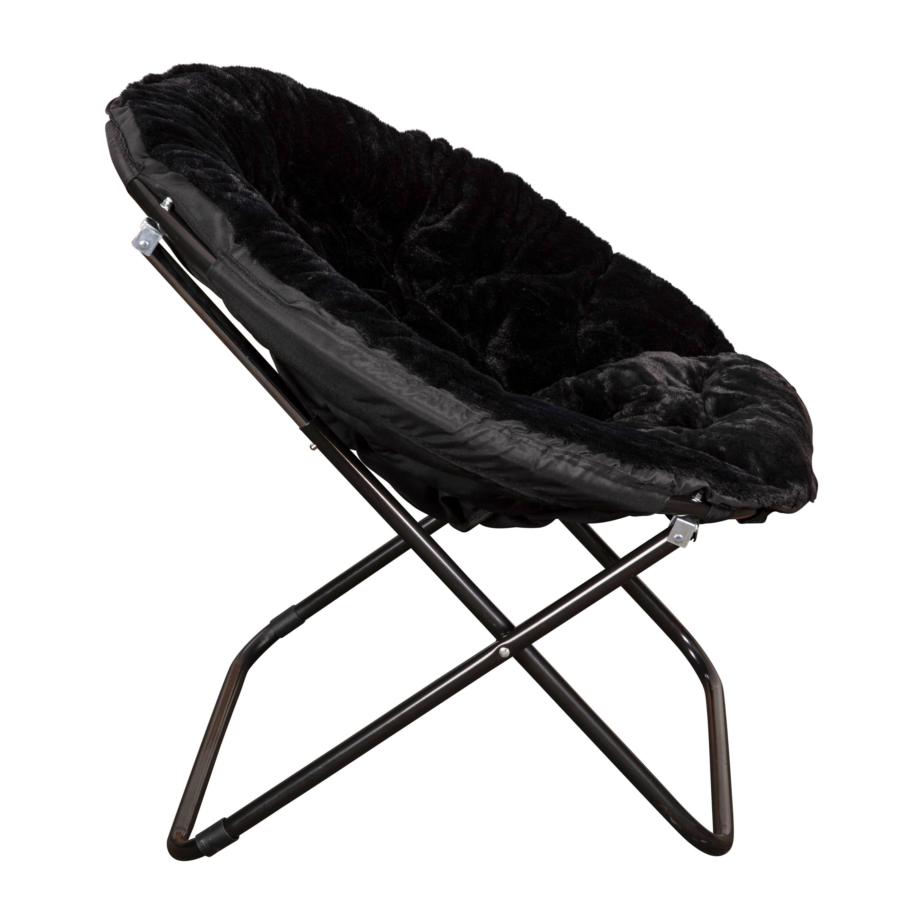 Alt View 8. Emma + Oliver - Ersa Oversize Folding Saucer Chair with Cozy Faux Fur Cushion and Metal Frame for Dorms, Bedrooms, Apartments and More - Black Faux Fur/Black Frame.
