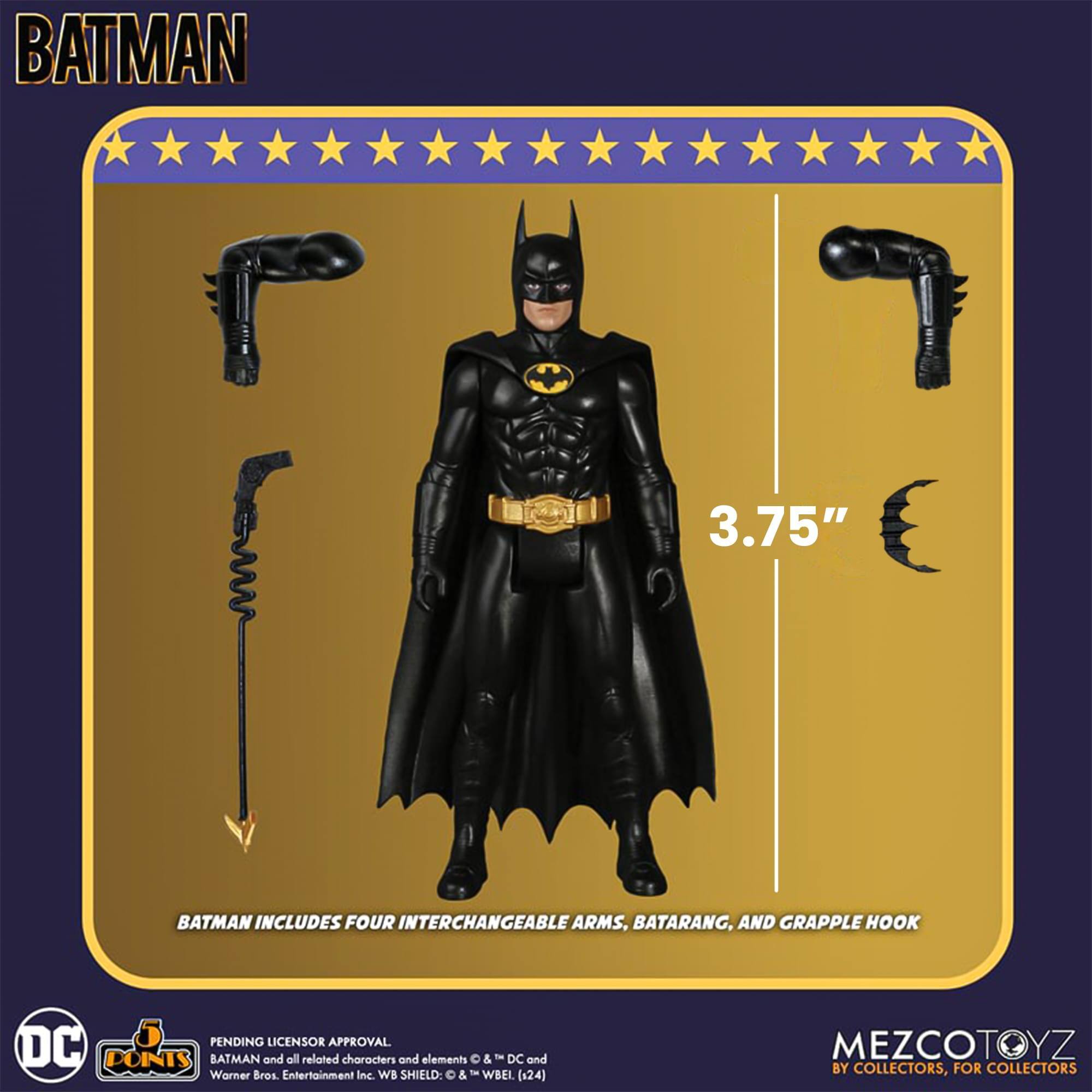 BATMAN 3.75" BATMAN INCLUDES FOUR INTERCHANGEABLE ARMS, BATARANG, AND GRAPPLE HOOK PENDING LICENSOR APPROVAL DC PONNTS BATMAN and all related characters and elements & DC and Warner Bros. Entertainment Inc. WB SHIELD: & WBEL (x24) MEZCOTOYZ BY COLLECTORS, FOR COLLECTORS