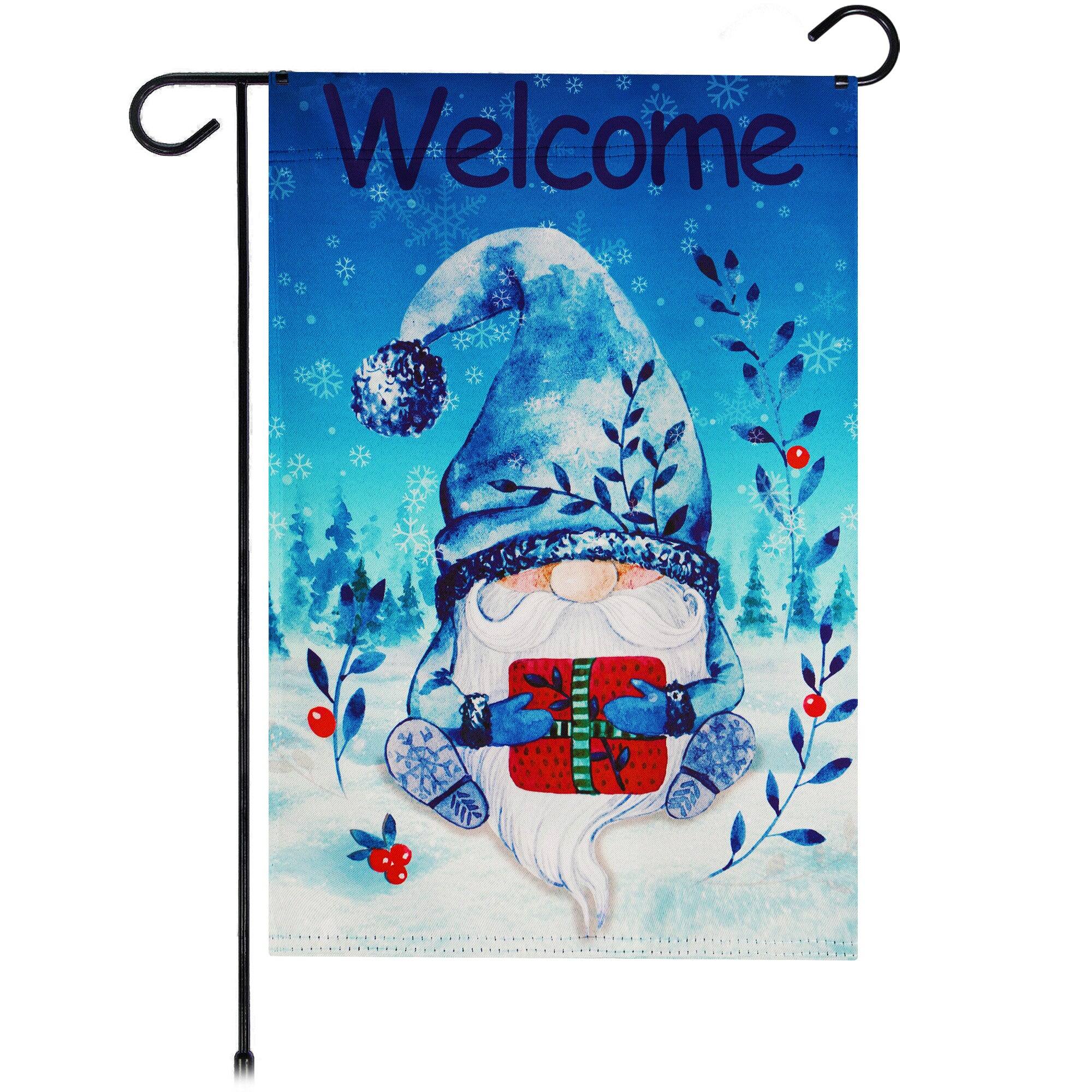 Front. G128 - Welcome Festive Bearded Gnome Garden Flag with Parcel, 12 x 18 in. - Blue.