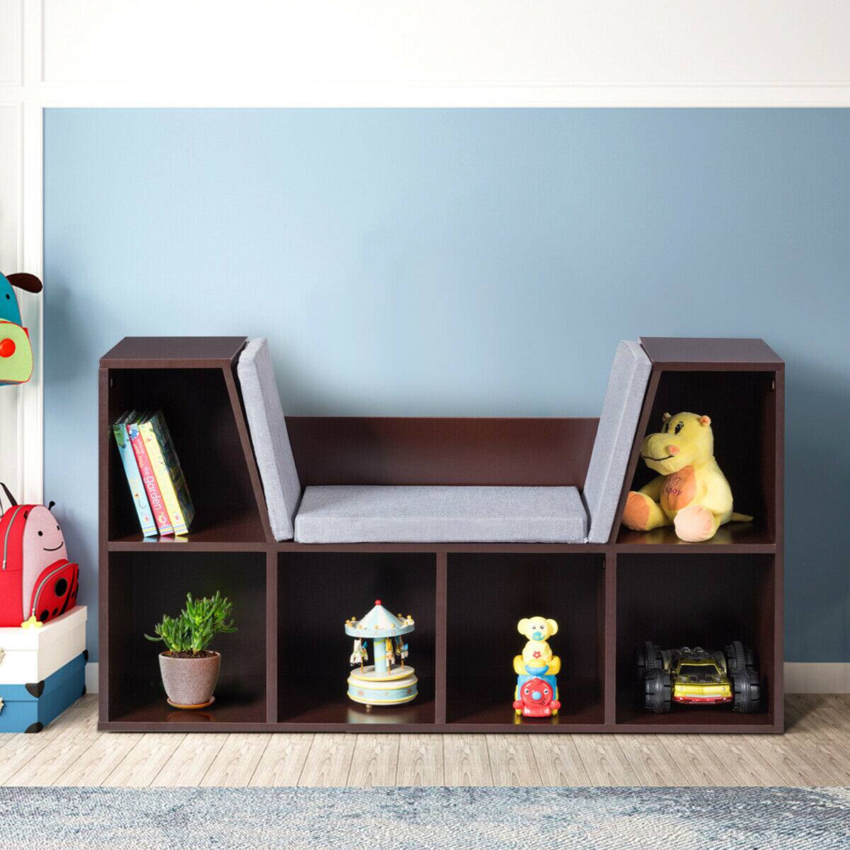 Alt View 1. Costway - Costway 6 Cubby Kid Storage Cabinet Cushioned Bookcase Multi-Purpose Reading Shelf - Brown.
