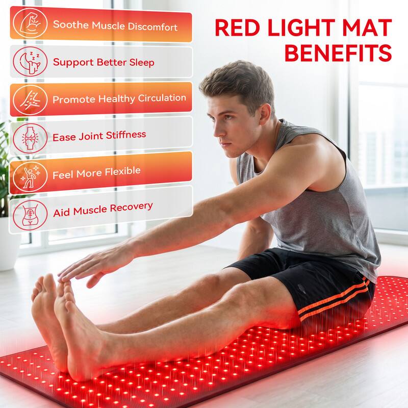 Soothe Muscle Discomfort  
Support Better Sleep  
RED LIGHT MAT BENEFITS  
Promote Healthy Circulation  
Ease Joint Stiffness  
Feel More Flexible  
Aid Muscle Recovery