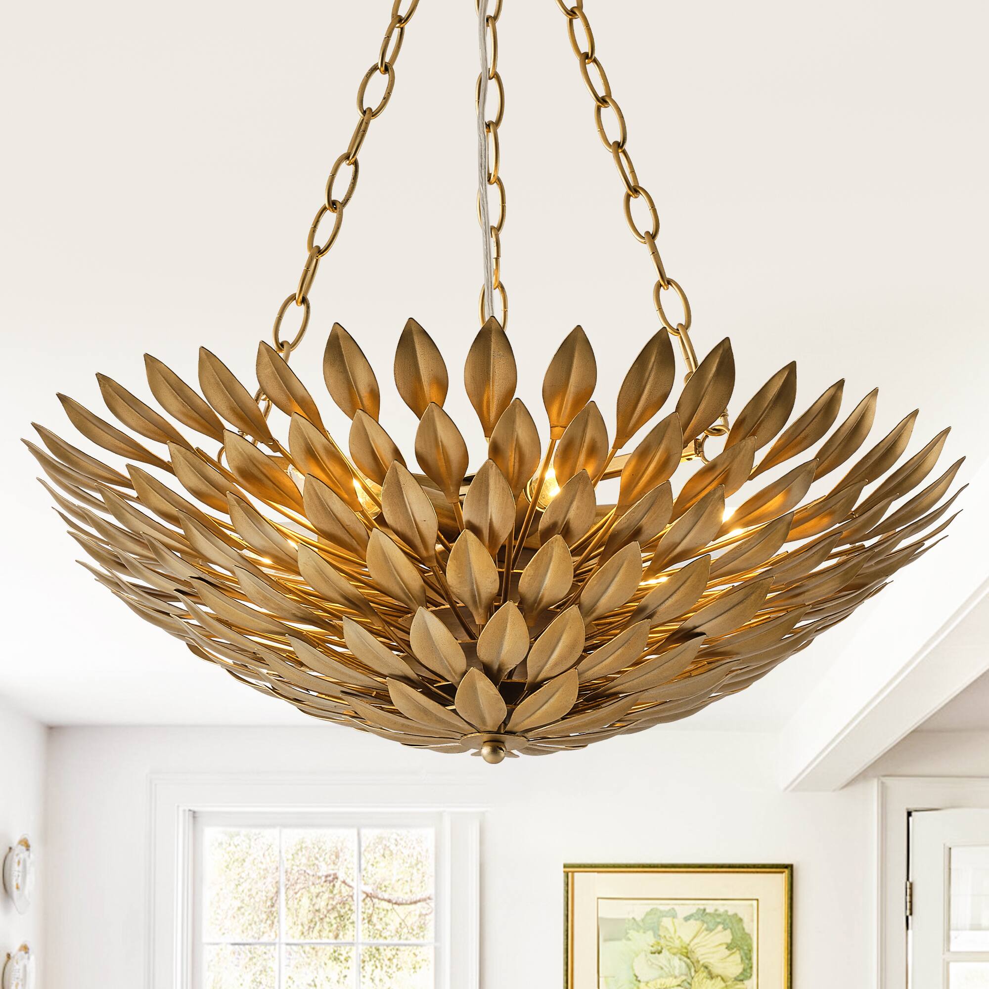 Alt View 1. Parrot Uncle - Antique Gold 6-Light Olive Leaf Convertible Chandelier Light - Antique Gold.