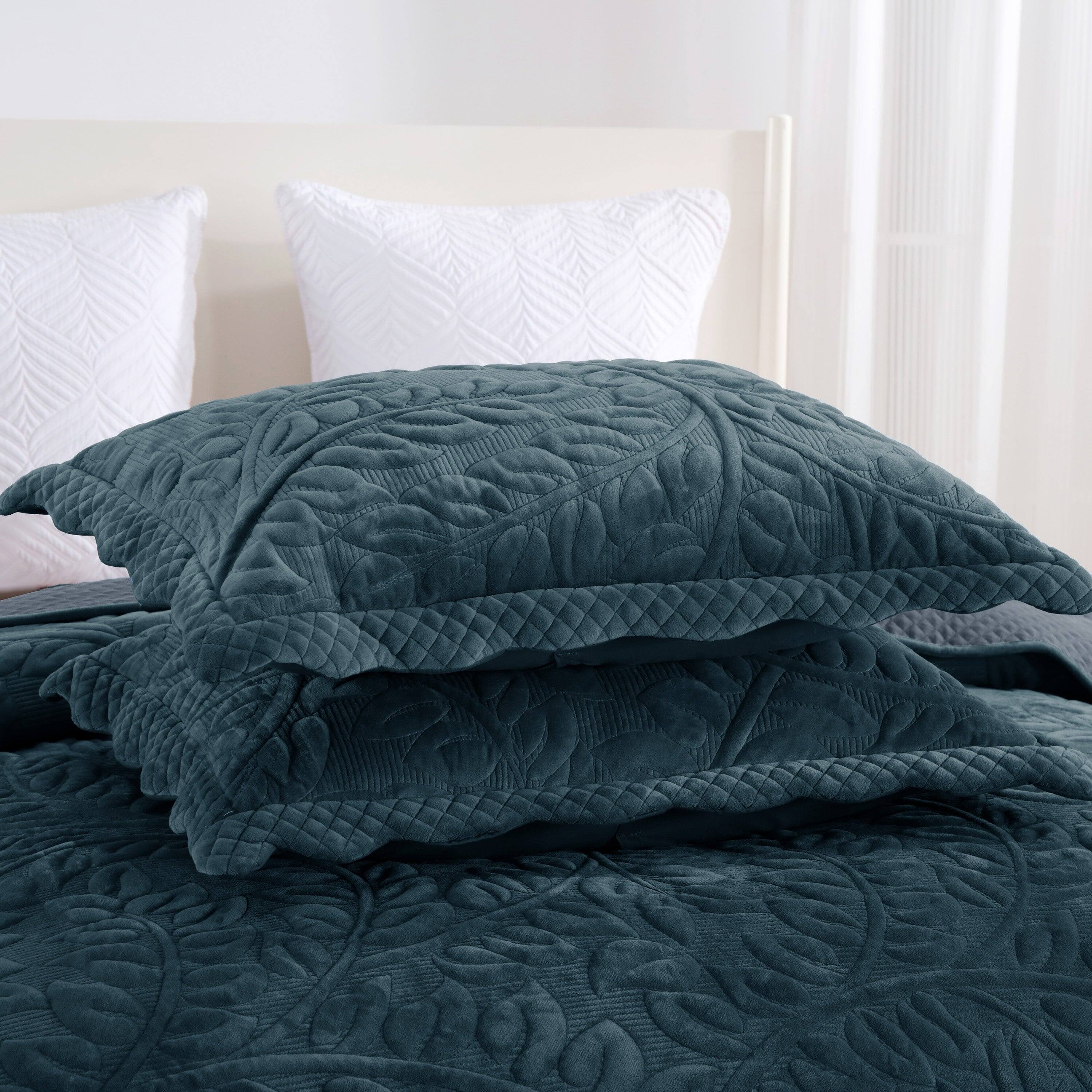 Alt View 1. MarCielo - Marcielo 3Pc Luxury Velvet Oversized Embroidery Soft and Plush Quilt Set - Dark Teal.