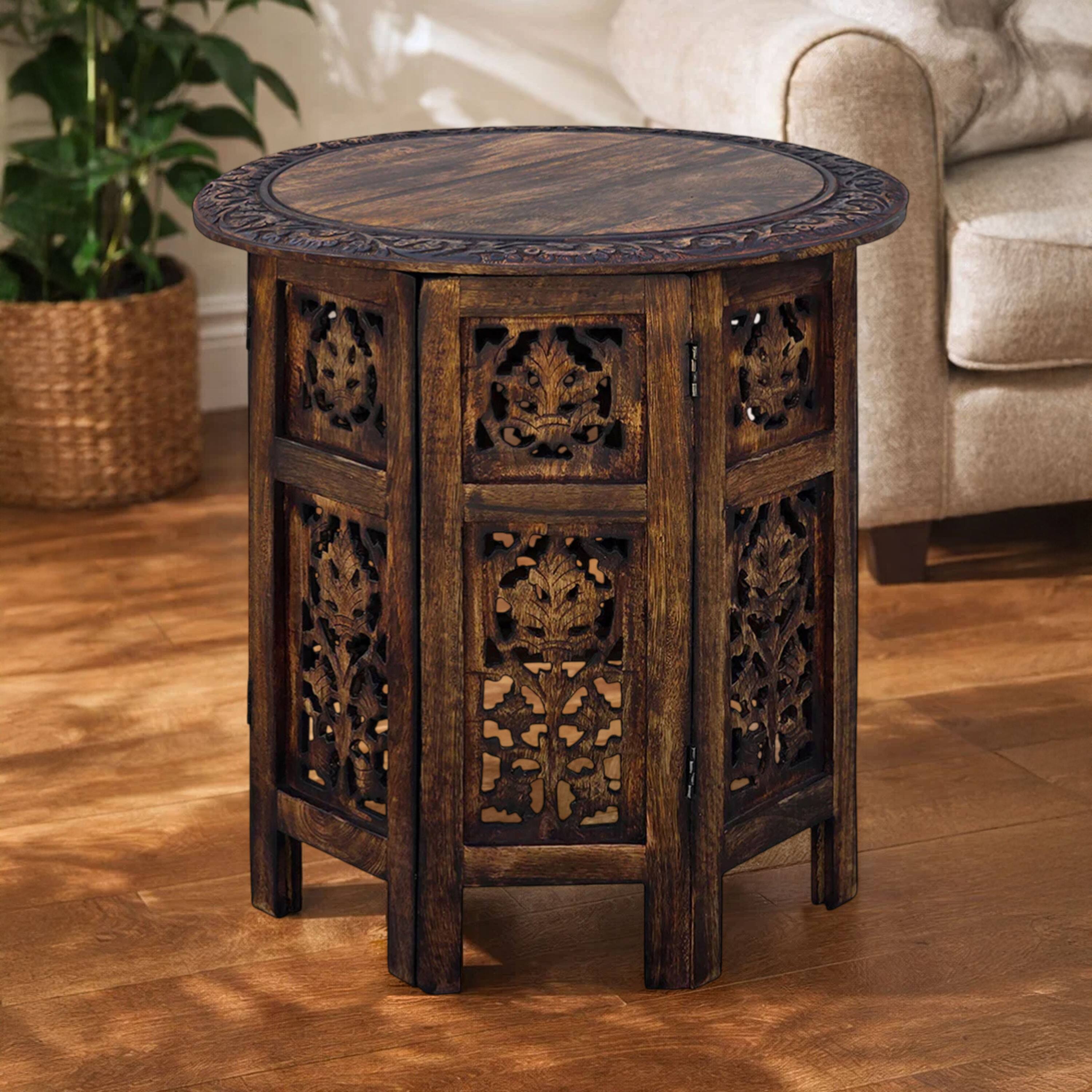 Alt View 9. Manhattan Lane - 18 Inch Mango Wood Folding Accent Table, Hand Carved - Brown.
