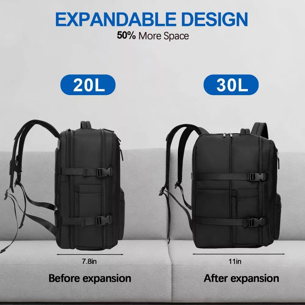 EXPANDABLE DESIGN  
50% More Space  

20L  
Before expansion  
7.8in  

30L  
After expansion  
11in