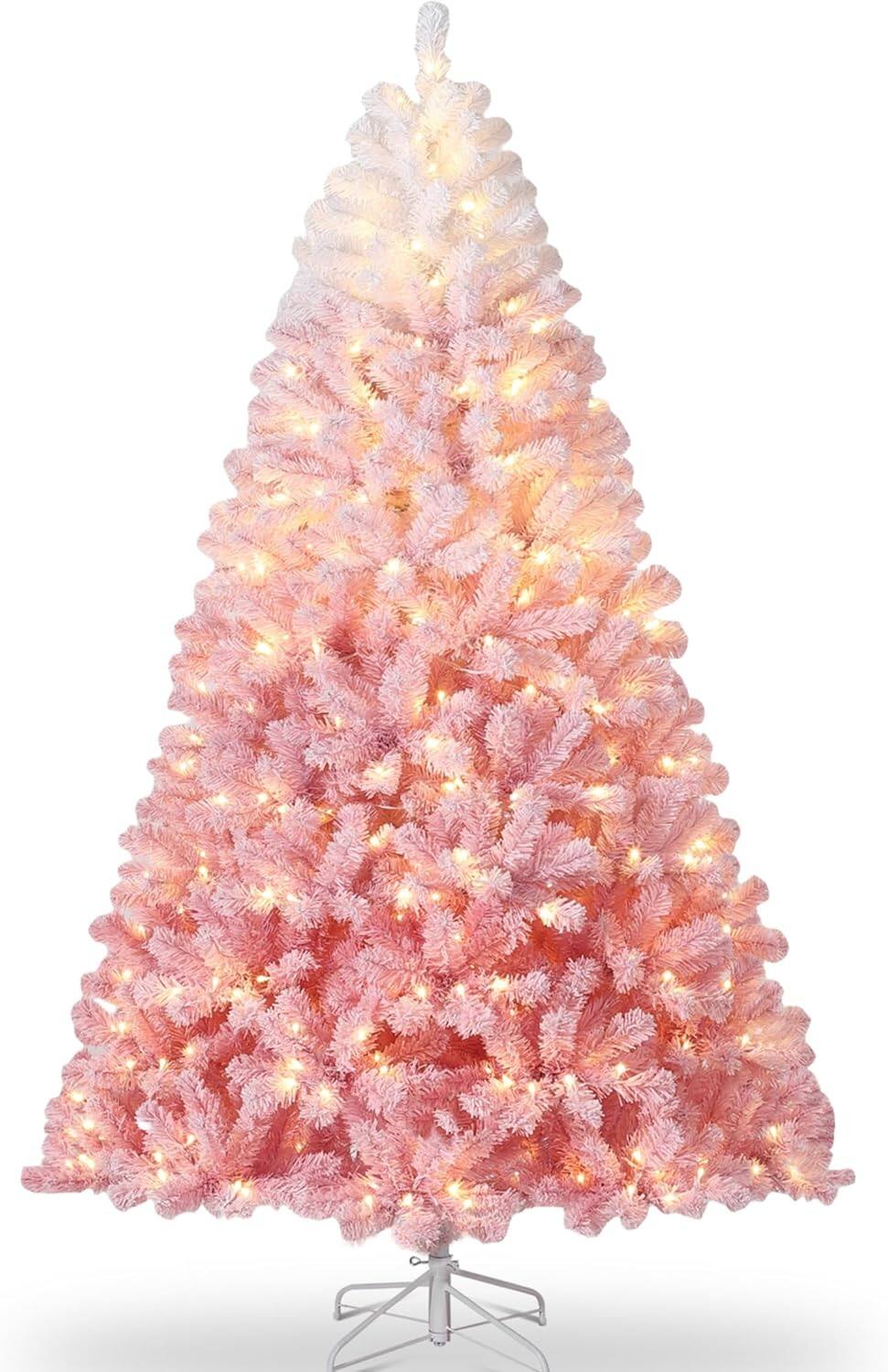 Front. GARVEE - 9ft Prelit Pink Snow Flocked Christmas Tree, Warm LED Lights, Gradient Branches, Sturdy Metal Stand - Pink.