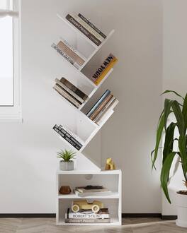 Dazzed Corner - 6 Tier Tree Bookshelf, Small Bookcase with Storage Cabinet - White