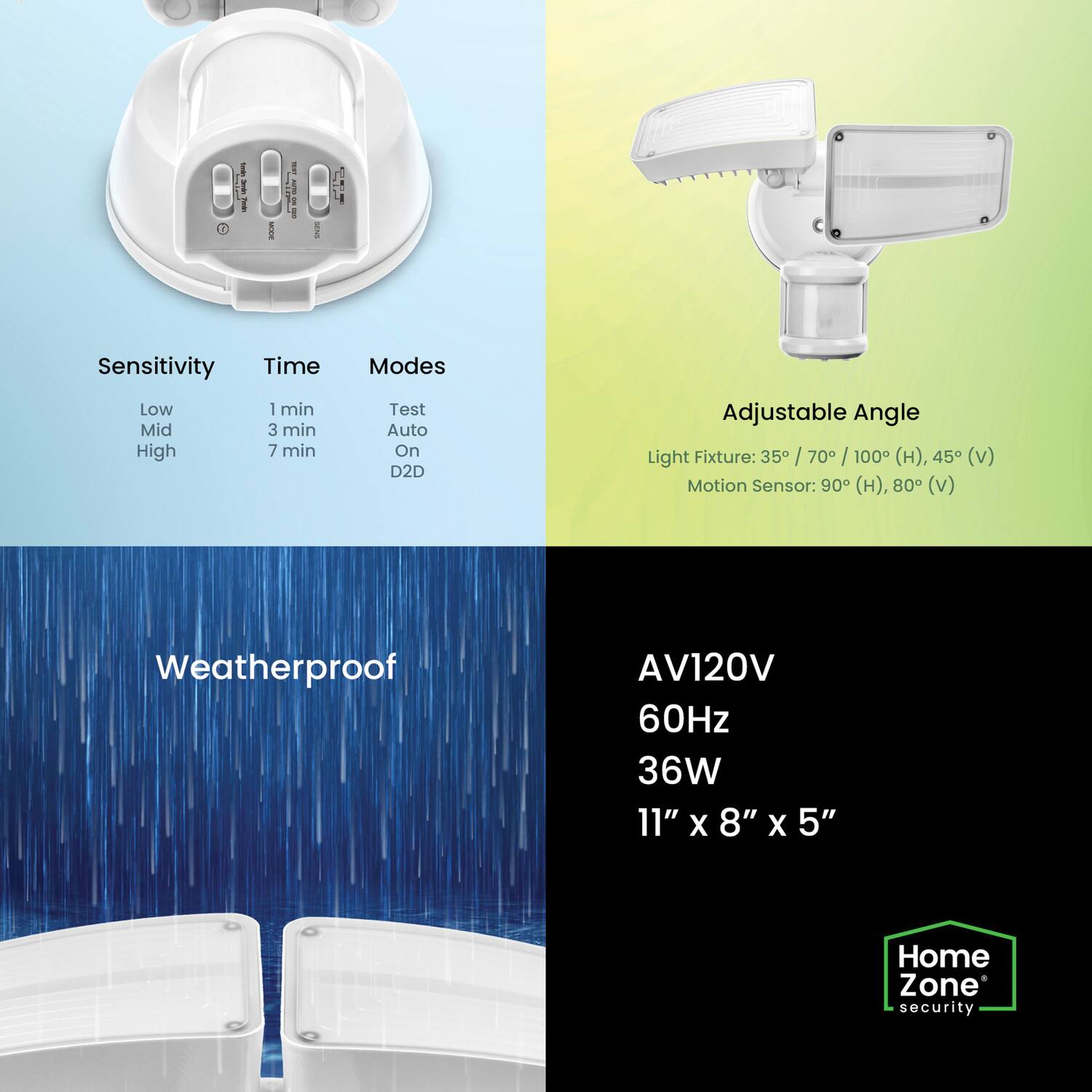 - Sensitivity: Low, Mid, High
- Time: 1 min, 3 min, 7 min
- Modes: Test, Auto, On, D2D

- Adjustable Angle
  - Light Fixture: 35° / 70° / 100° (H), 45° (V)
  - Motion Sensor: 90° (H), 80° (V)

- Weatherproof

- AV120V
- 60Hz
- 36W
- 11" x 8" x 5"

- Home Zone Security