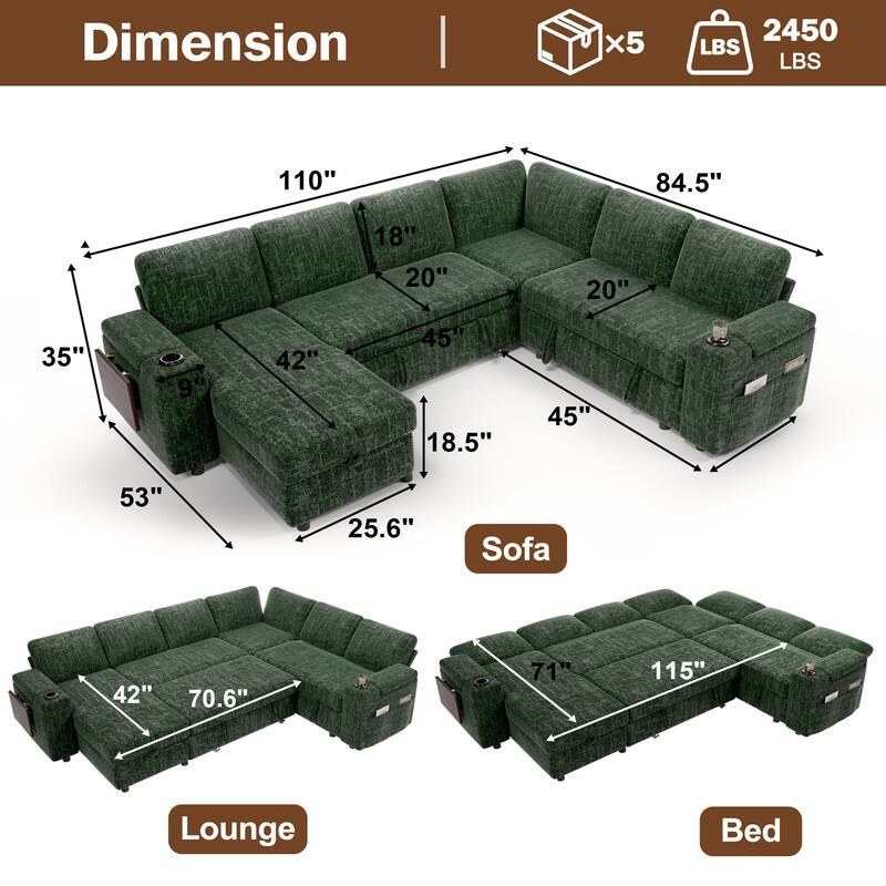 Dimension  
Sofa: 110" x 84.5" x 45" x 42" x 18.5" x 20" x 20" x 35" x 53" x 25.6"  
Lounge: 42" x 70.6"  
Bed: 71" x 115"  
Weight: 2450 LBS  
Boxes: x5