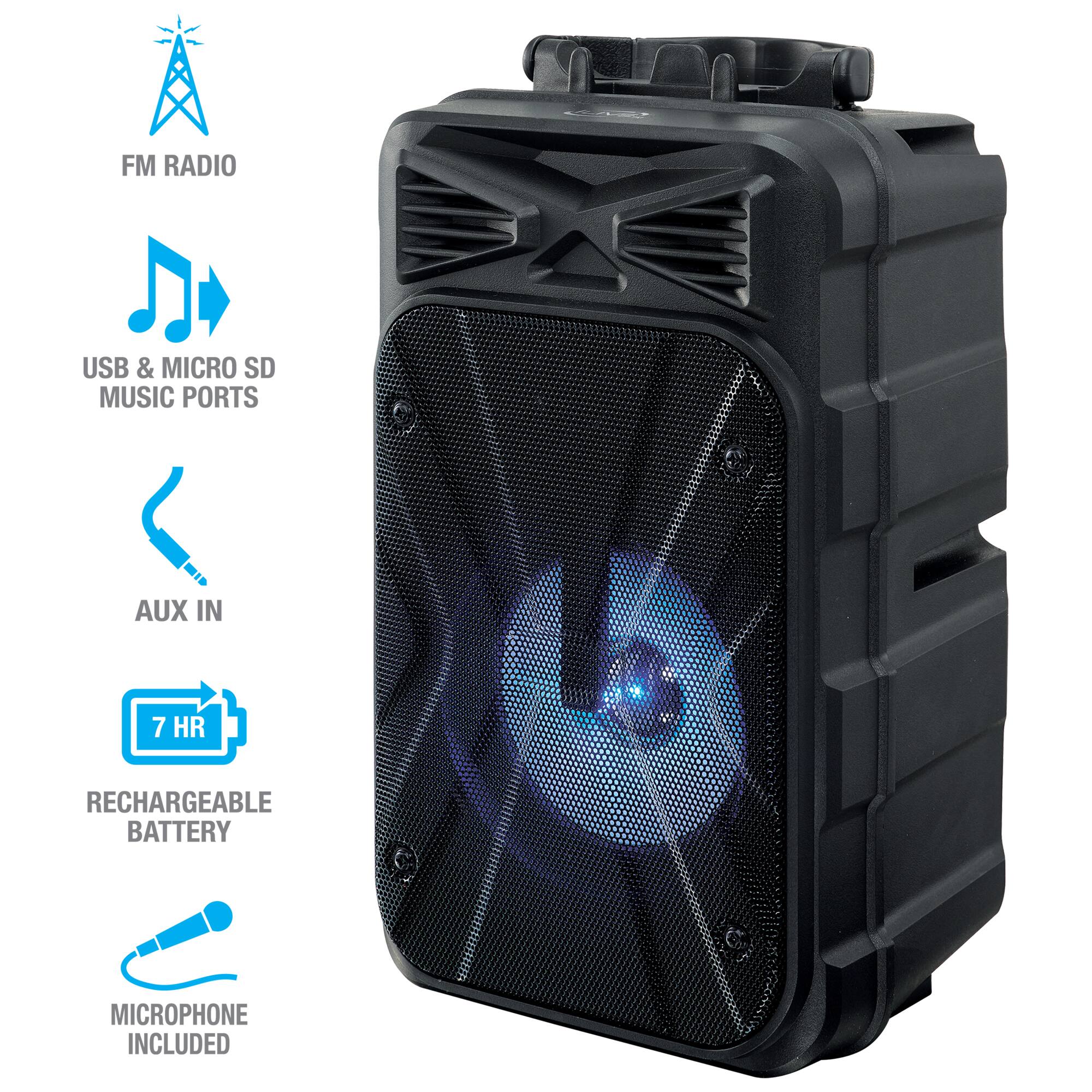 FM RADIO  
USB & MICRO SD MUSIC PORTS  
AUX IN  
7 HR RECHARGEABLE BATTERY  
MICROPHONE INCLUDED
