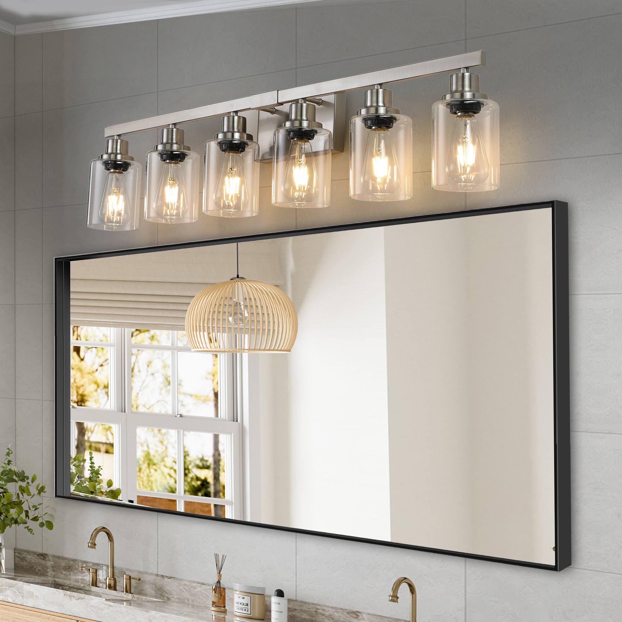 Front. APRILSOUL - 37 Inch Modern 6-Light Bathroom Vanity Light Fixture - Brushed Nickel Finish with Clear Glass Shades No Bulbs.