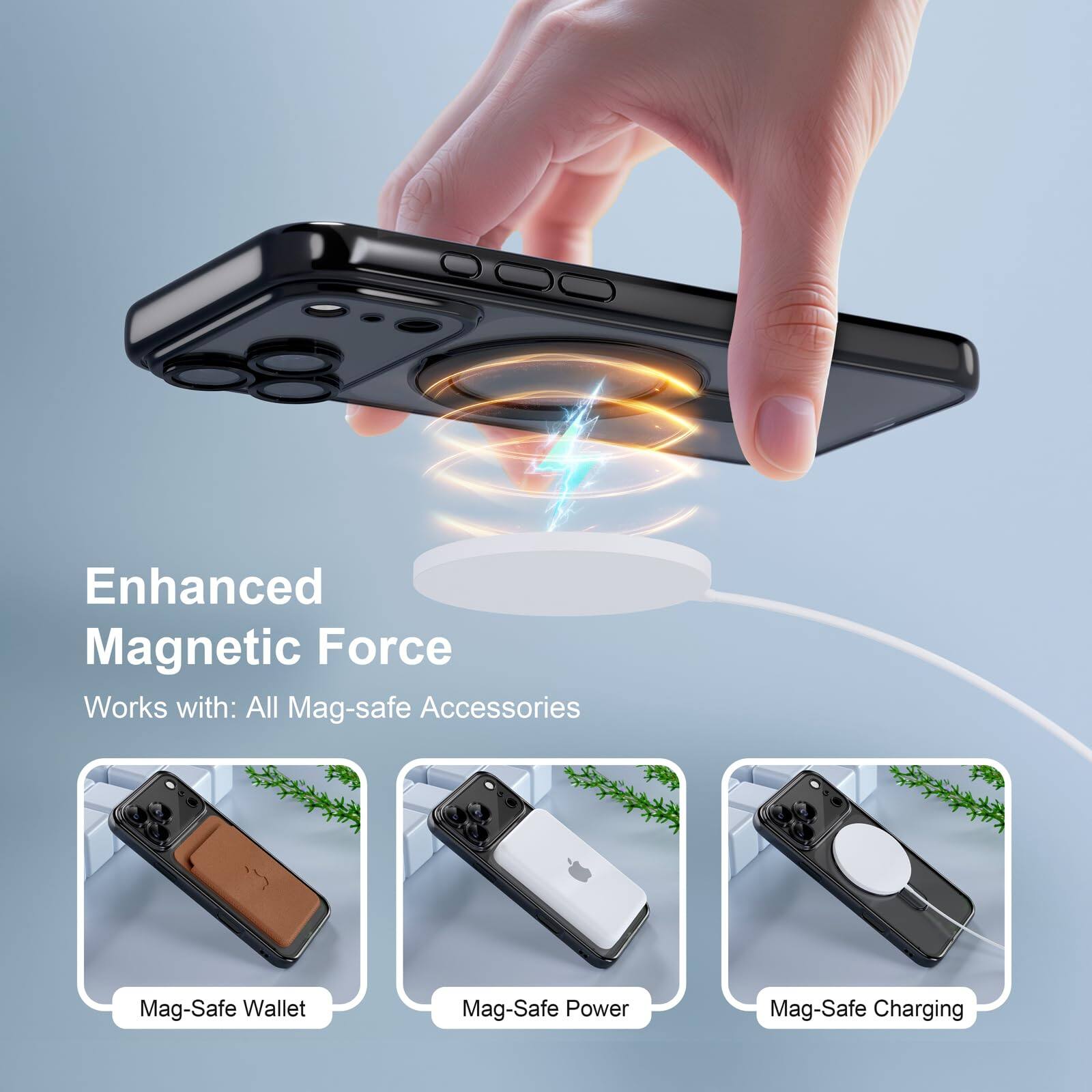 Enhanced Magnetic Force  
Works with: All Mag-safe Accessories  

Mag-Safe Wallet  
Mag-Safe Power  
Mag-Safe Charging