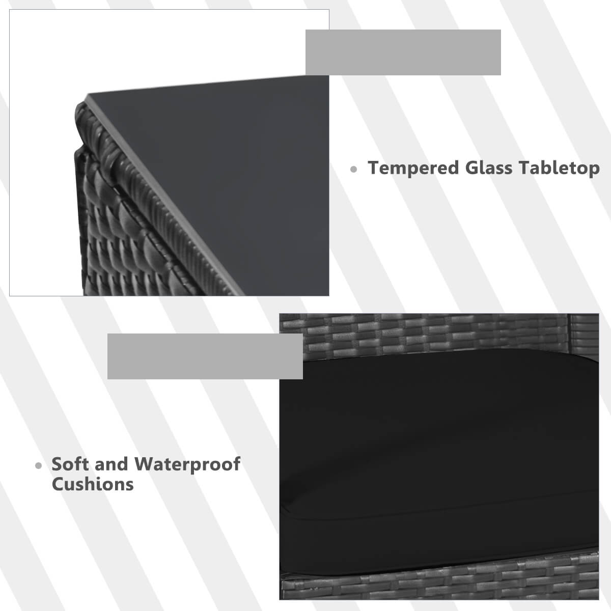 Tempered Glass Tabletop
Soft and Waterproof Cushions