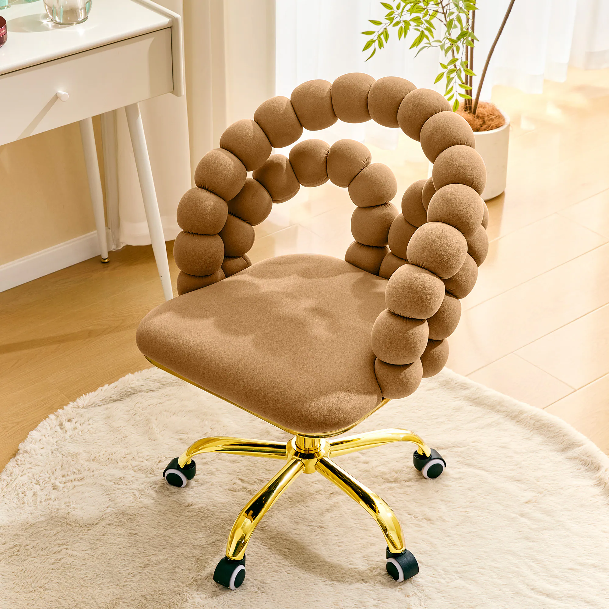 Angle. Loheer - Loheer- Velvet Swivel Office Chair Bubble Back Vanity Chair for Bedroom Makeup Room Gold Base Wheels 2.1 ft - Brown,Gold.