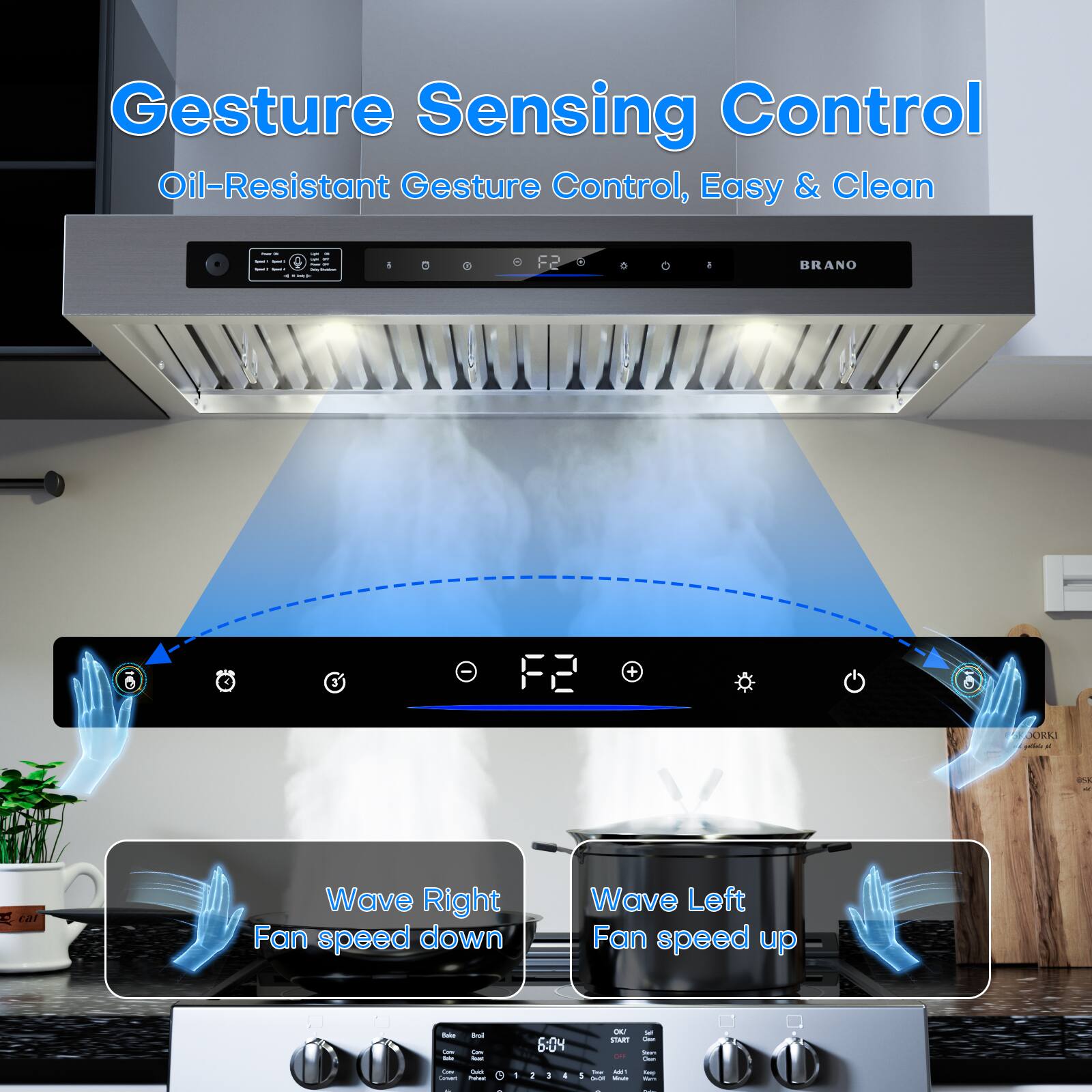 Gesture Sensing Control  
Oil-Resistant Gesture Control, Easy & Clean  

Wave Right  
Fan speed down  

Wave Left  
Fan speed up