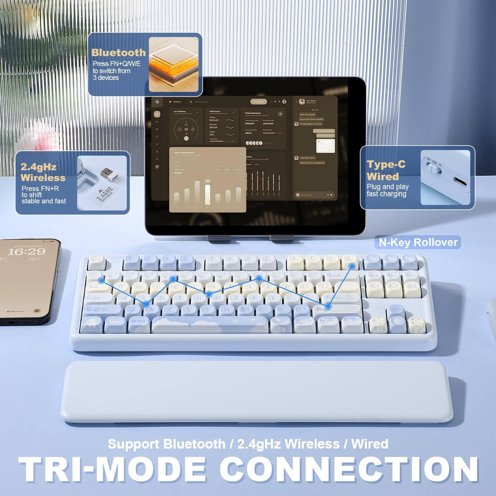 Bluetooth  
Press FN+QWE to switch from 3 devices  

2.4GHz Wireless  
Press FN+R to shift stable and fast  

Type-C Wired  
Plug and play fast charging  

N-Key Rollover  

Support Bluetooth / 2.4GHz Wireless / Wired  

TRI-MODE CONNECTION