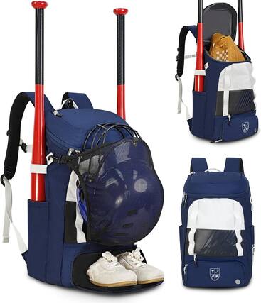 Front. Wikistore - WIKISTORE Baseball Backpack with Bat Shoe Glove Compartment Helmet Holders Fence Hook Water-Resistant Blue - Blue.