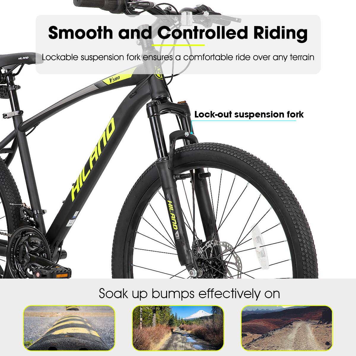 Smooth and Controlled Riding

LAFO Lockable suspension fork ensures a comfortable ride over any terrain

FICANO HILAND Lock-out suspension fork

Soak up bumps effectively on