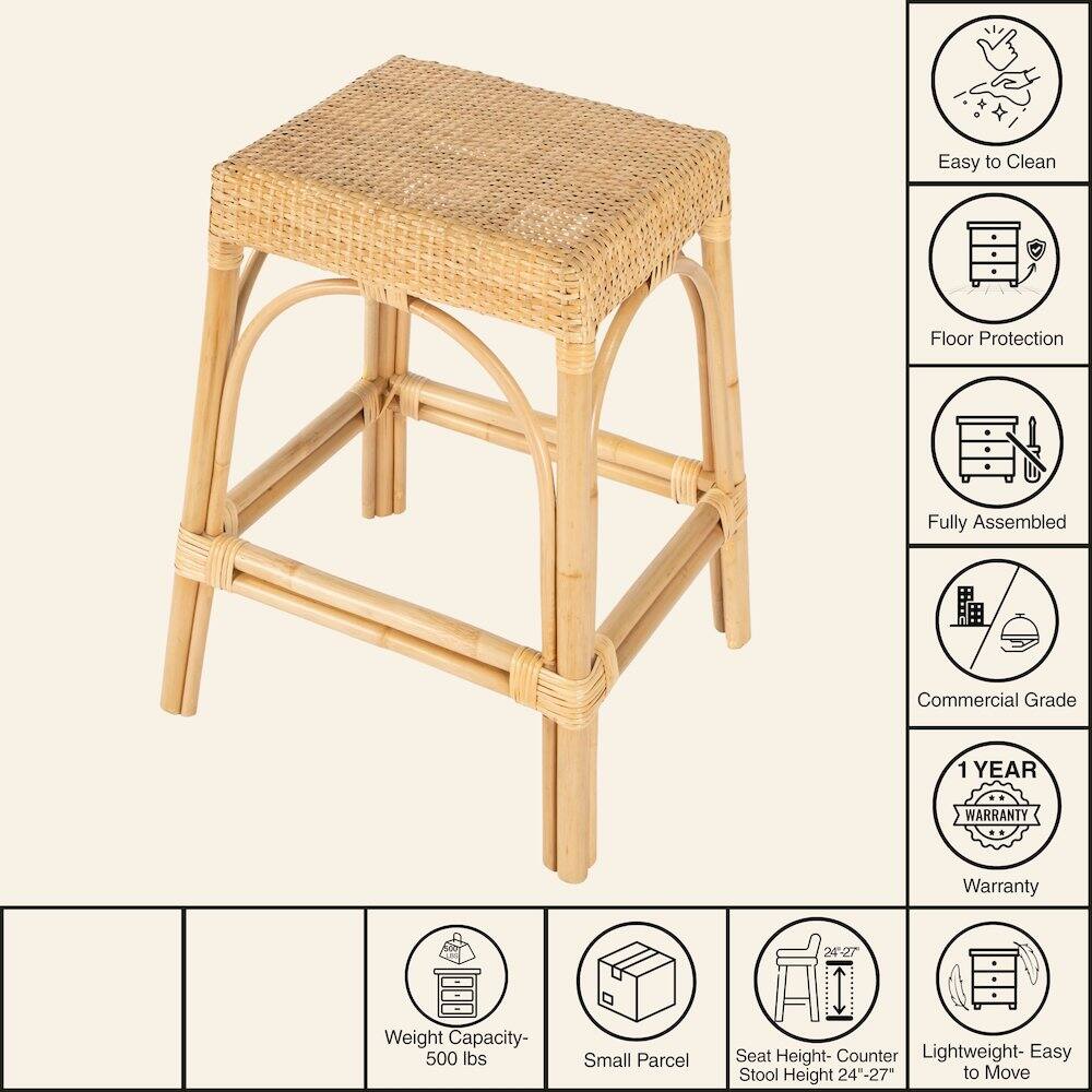 Easy to Clean  
Floor Protection  
Fully Assembled  
Commercial Grade  
1 YEAR WARRANTY  
Weight Capacity- 500 lbs  
Small Parcel  
Seat Height- Counter Stool Height 24"-27"  
Lightweight- Easy to Move