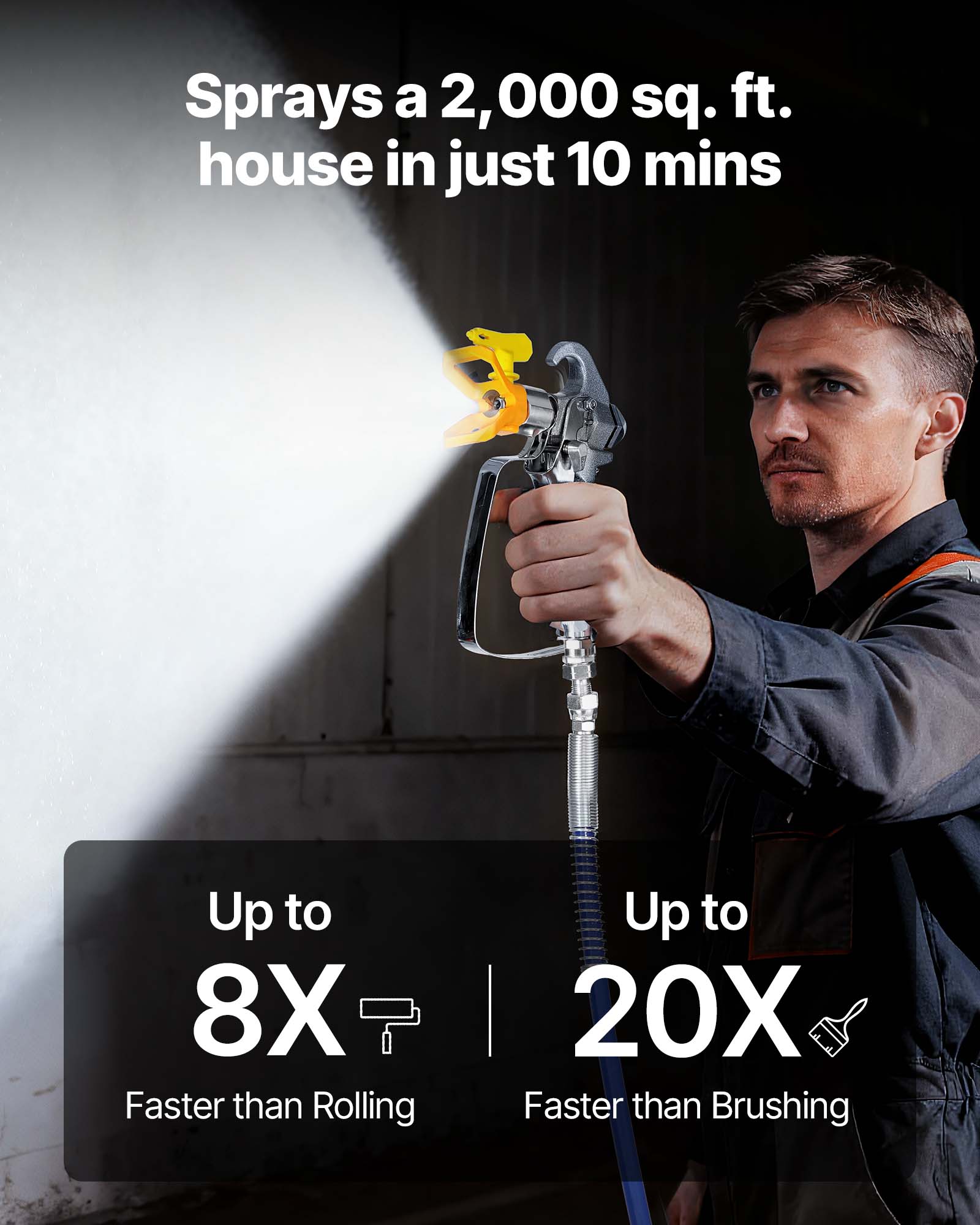 Sprays a 2,000 sq. ft. house in just 10 mins

Up to 8X Faster than Rolling

Up to 20X Faster than Brushing
