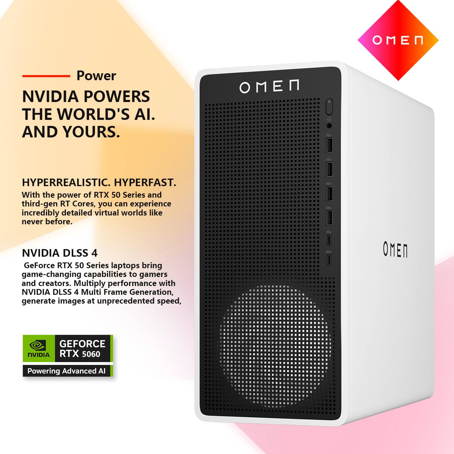 **Power**

NVIDIA POWERS THE WORLD'S AI. AND YOURS.

**HYPERREALISTIC. HYPERFAST.**

With the power of RTX 50 Series and third-gen RT Cores, you can experience incredibly detailed virtual worlds like never before.

**NVIDIA DLSS 4**

GeForce RTX 50 Series laptops bring game-changing capabilities to gamers and creators. Multiply performance with NVIDIA DLSS 4 Multi Frame Generation, generate images at unprecedented speed.

**GEFORCE RTX 5060**

Powering Advanced AI
