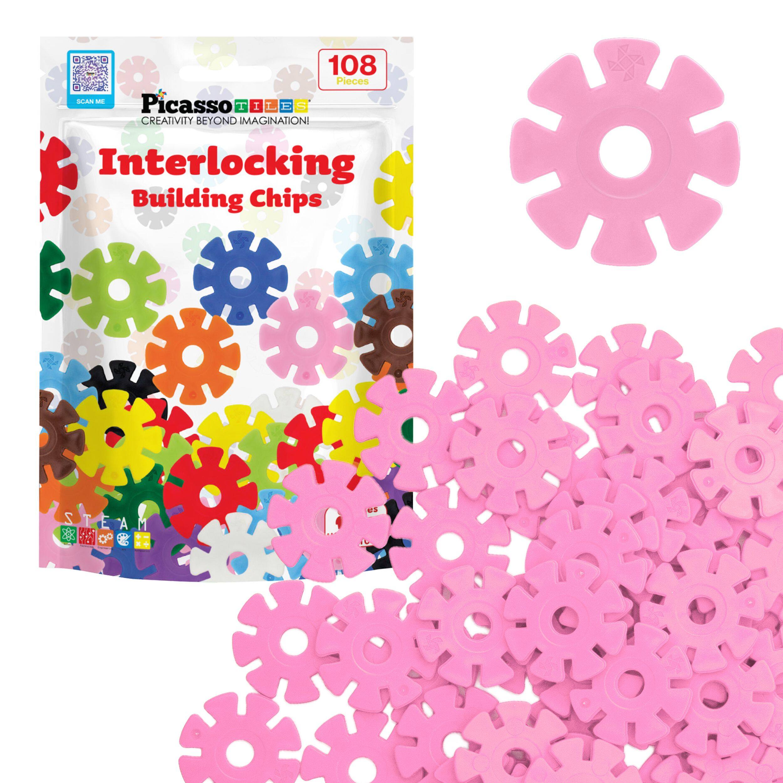 PicassoTiles - 108 PC Pink Interlocking Plastic Disc, Building Chip Blocks Toy Set for Kids 3+