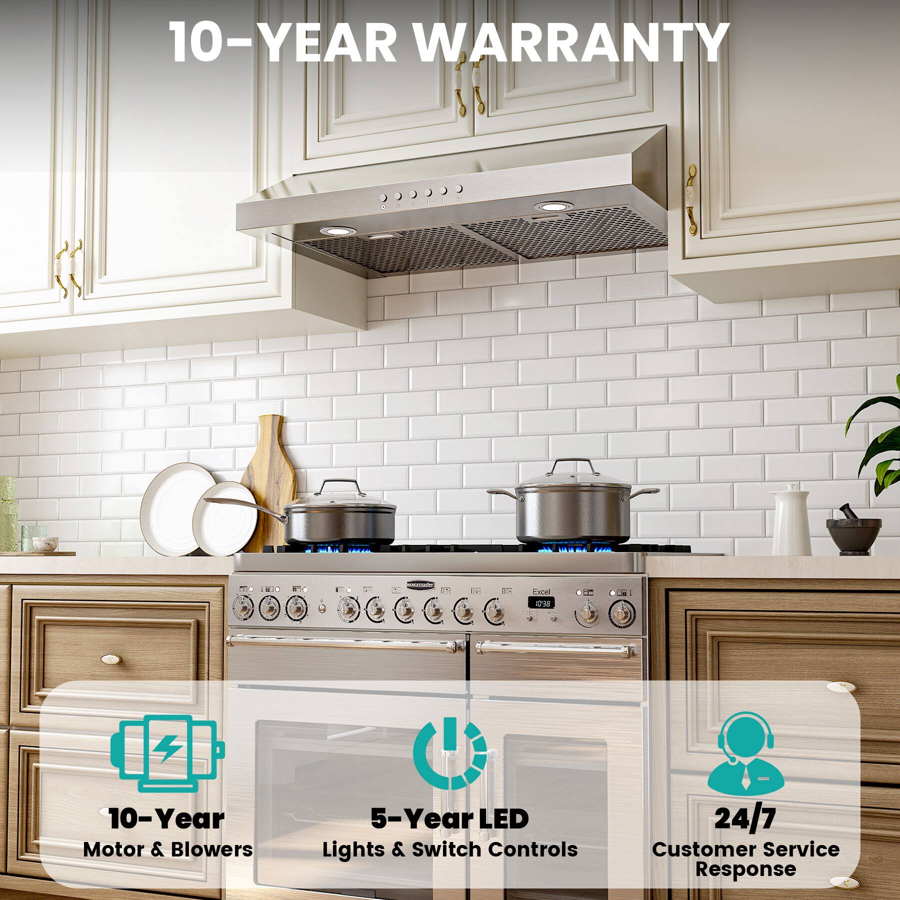 10-YEAR WARRANTY

- 10-Year Motor & Blowers
- 5-Year LED Lights & Switch Controls
- 24/7 Customer Service Response