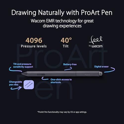 Drawing Naturally with ProArt Pen  
Wacom EMR technology for great drawing experiences  

4096 Pressure levels  
40° Tilt  
Feel by Wacom  

Tilt and pressure sensitivity support  
Battery-free  
Digital eraser  
One-click access to changeable shortcuts pen nibs  

*ProArt Pen functionality may vary by OS or app settings.