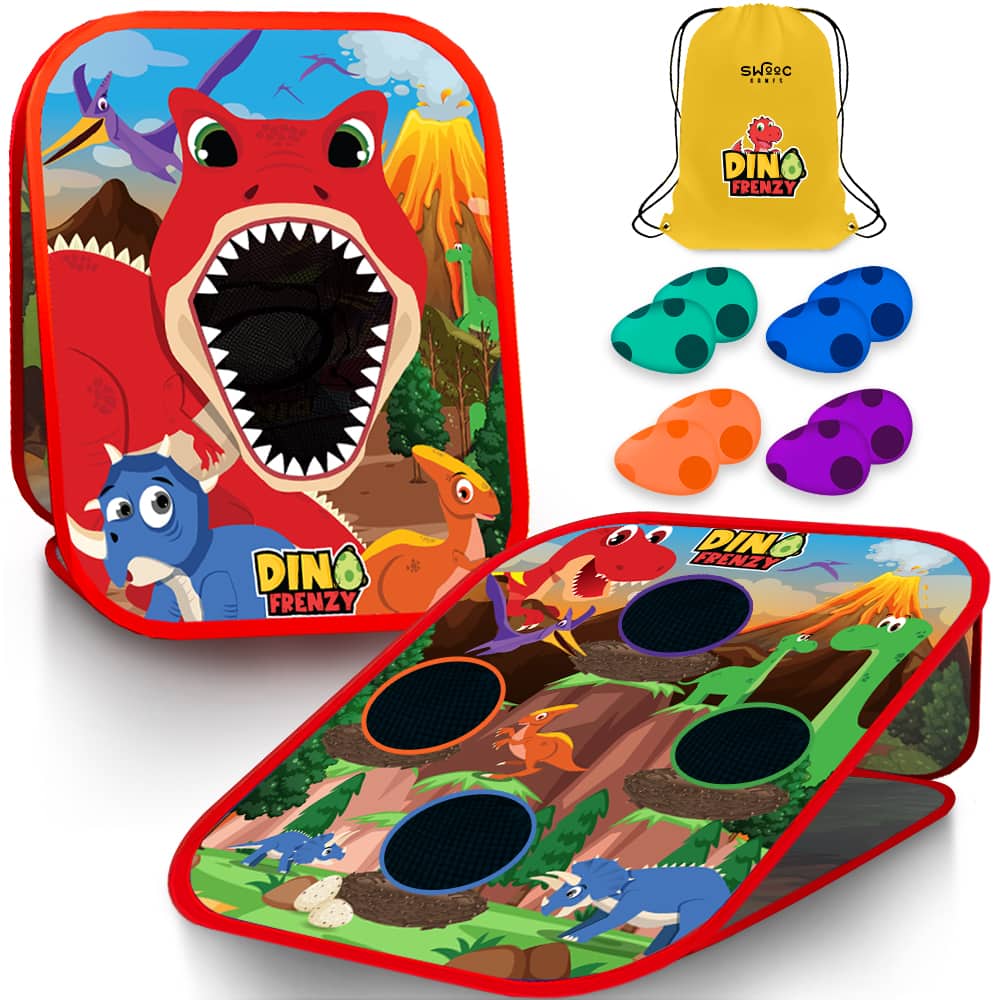 Swooc Games - Dino Frenzy - 2-in-1 Corn Hole Games for Kids - 5-Second Setup - Bean Bag Toss Game for Kids - Kids Cornhole Game Set - Red