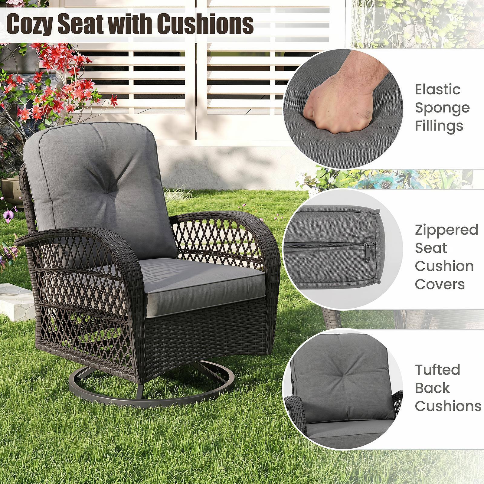 Cozy Seat with Cushions  
Elastic Sponge Fillings  
Zippered Seat Cushion Covers  
Tufted Back Cushions