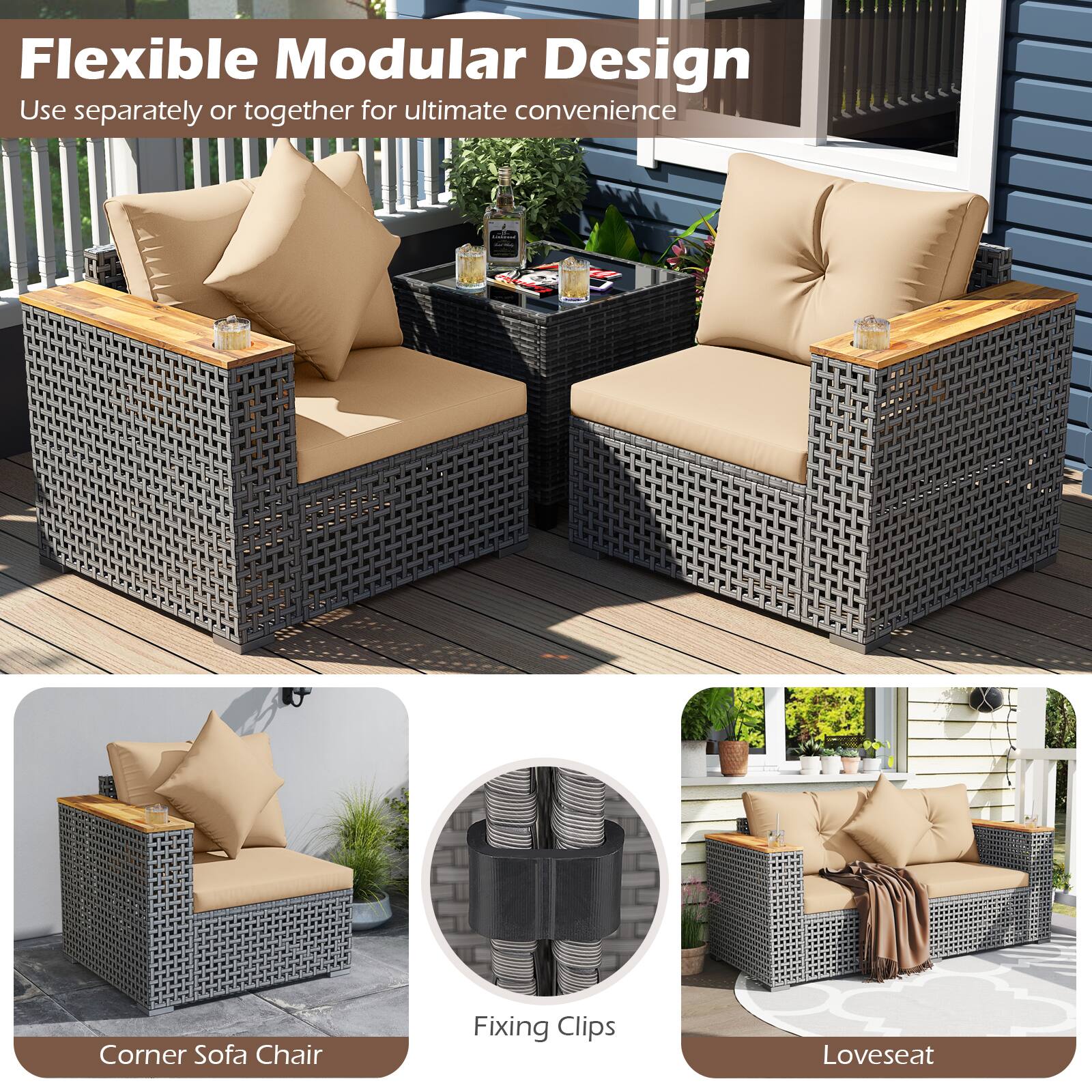 Flexible Modular Design  
Use separately or together for ultimate convenience  

Corner Sofa Chair  
Fixing Clips  
Loveseat