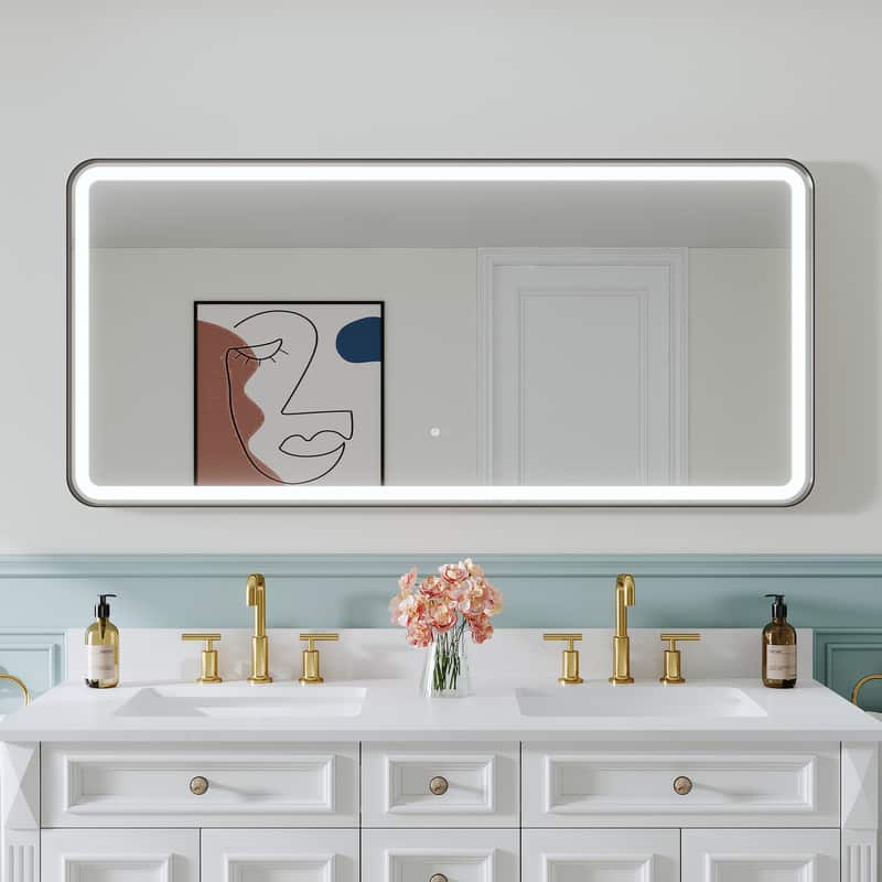 WELLFOR - 60 in. W x 28 in. H Anti-Fog LED Bathroom Mirror, Wall Bathroom Vanity Mirror with Framed Round Corner - Matte Black price history on PriceWatchPro
