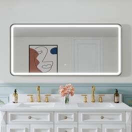 WELLFOR - 60 in. W x 28 in. H Anti-Fog LED Bathroom Mirror, Wall Bathroom Vanity Mirror with Framed Round Corner - Matte Black