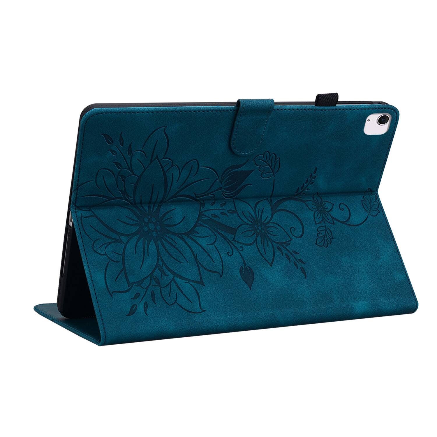 Left. Dteck - For Apple iPad Air (M4) 11" 2026 M3/M2 & iPad Pro 11 (4th-1st) Gen Embossed Floral PU Leather Flip Card Holder Cover - Darkblue.
