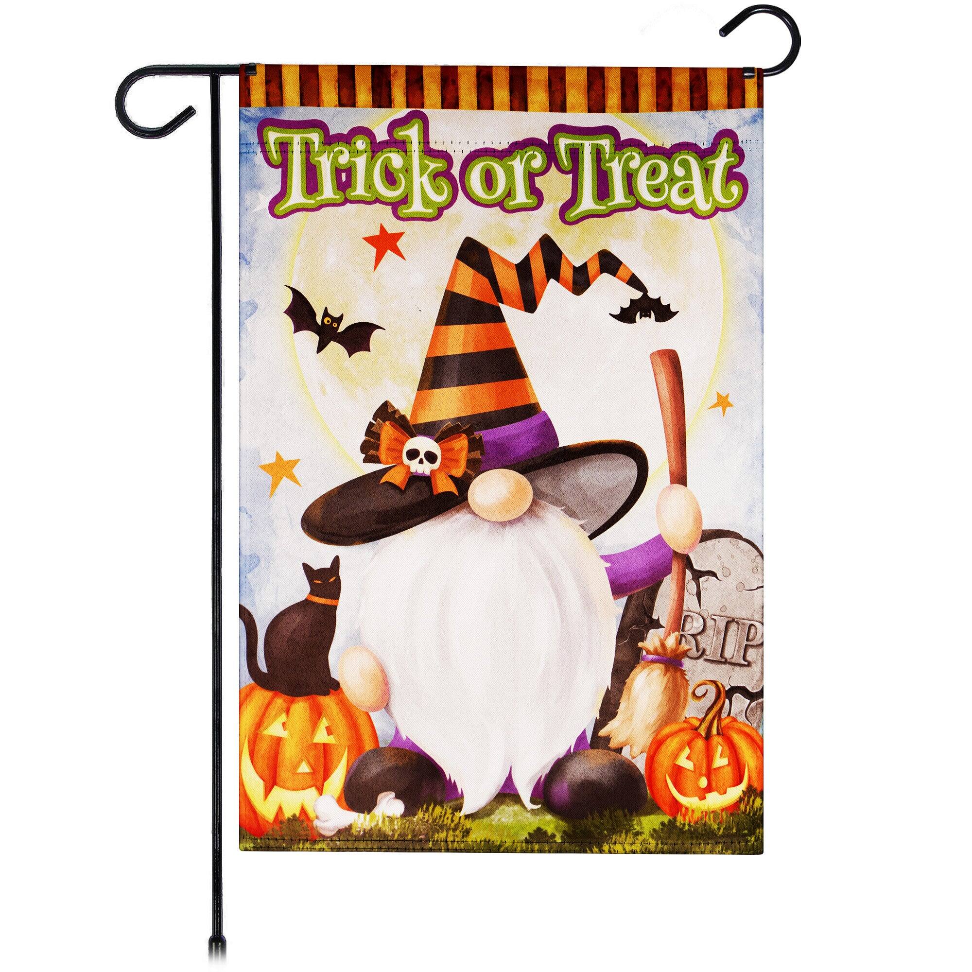 G128 - Garden Flag Trick or Treat Witch Hat Gnome with Broom — 12 x 18 in Blockout Polyester, Vertical - Assorted Colors