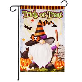 G128 - Garden Flag Trick or Treat Witch Hat Gnome with Broom — 12 x 18 in Blockout Polyester, Vertical - Assorted Colors
