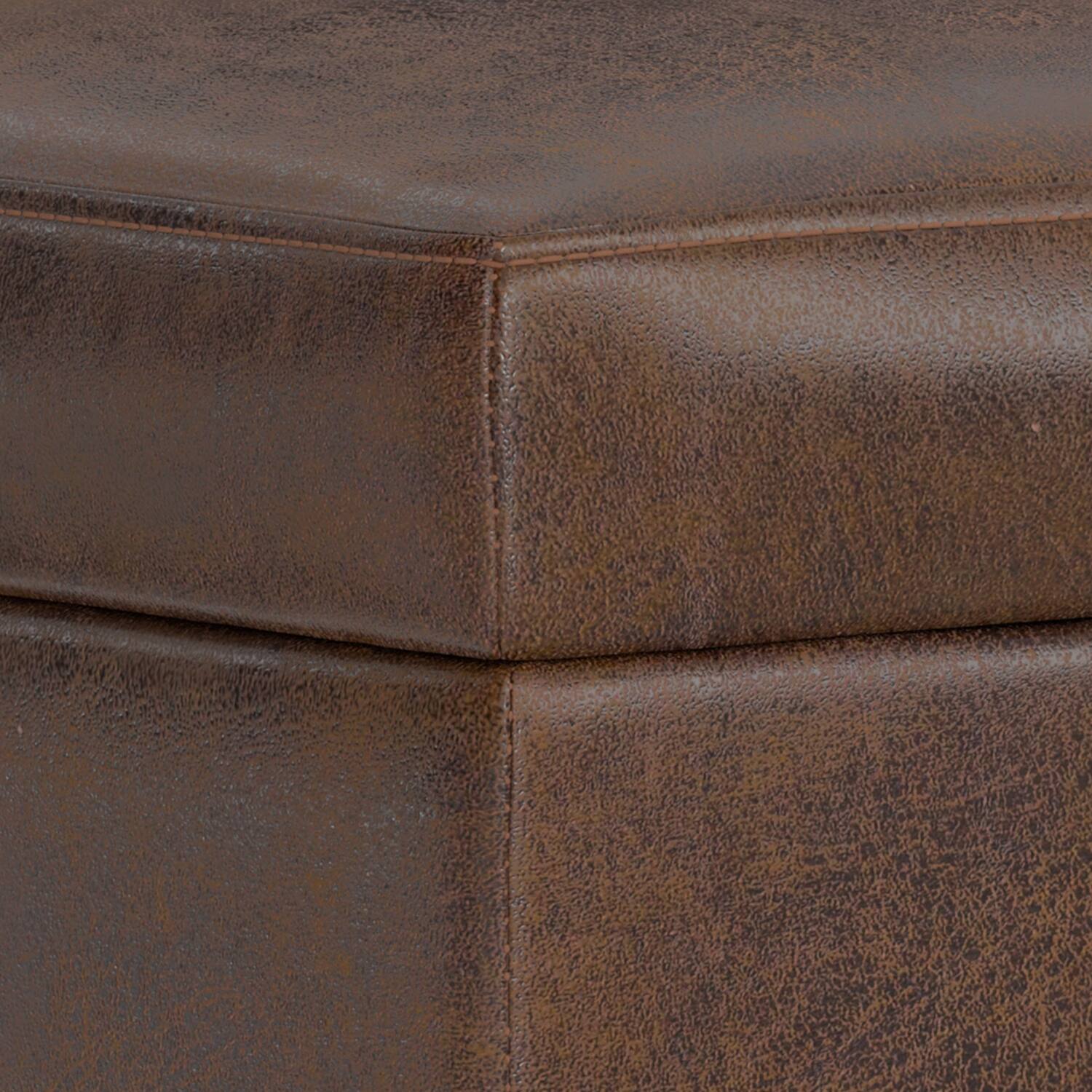 Alt View 4. Simpli Home - Shiloh 26 inch Wide Transitional Contemporary Storage Ottoman in Distressed Chestnut Brown Vegan Faux Leather, Assembled - Distressed Chestnut Brown.